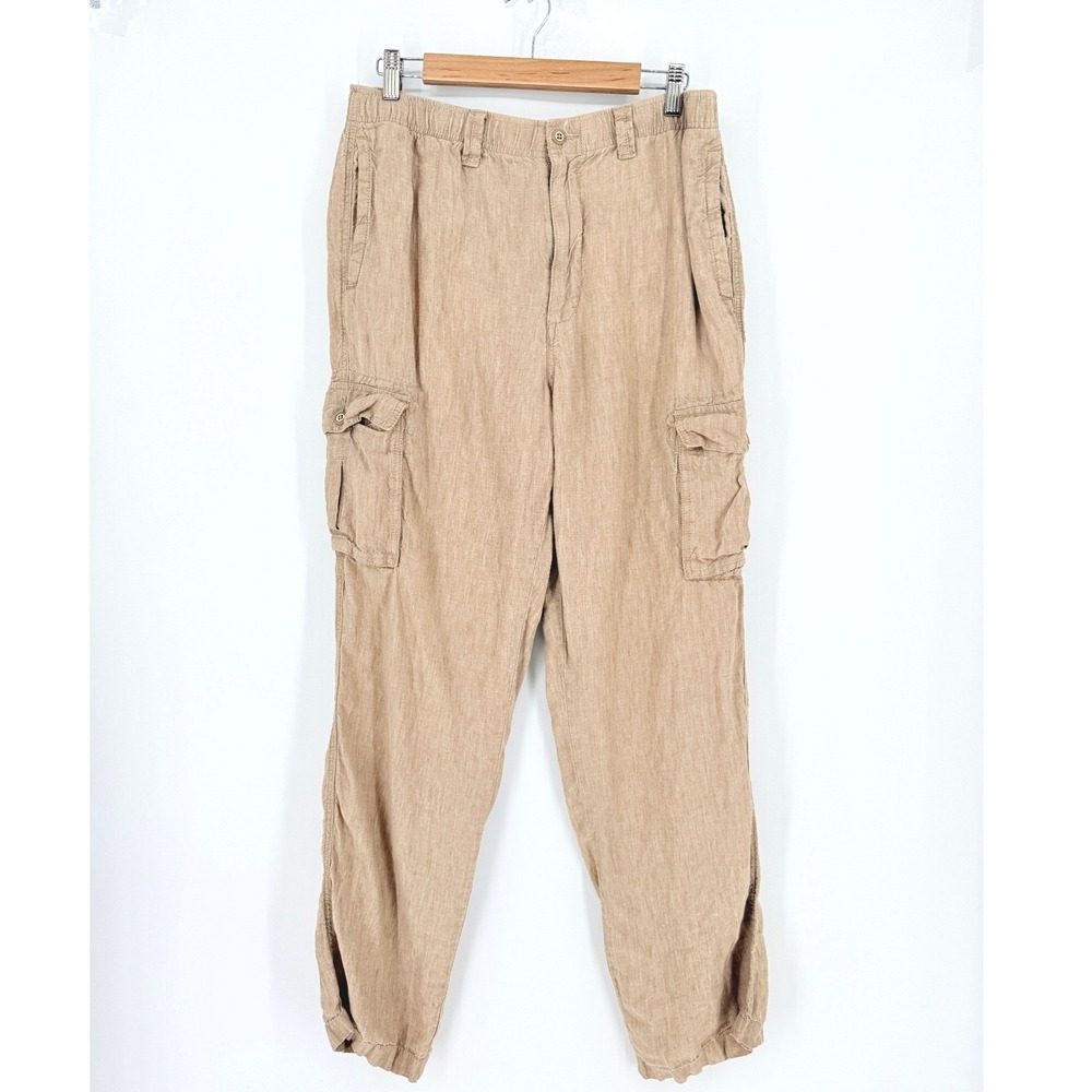Caribbean Mens Tan 100% Linen Cargo Pants 36x32 Relaxed Beach Summer Vacation